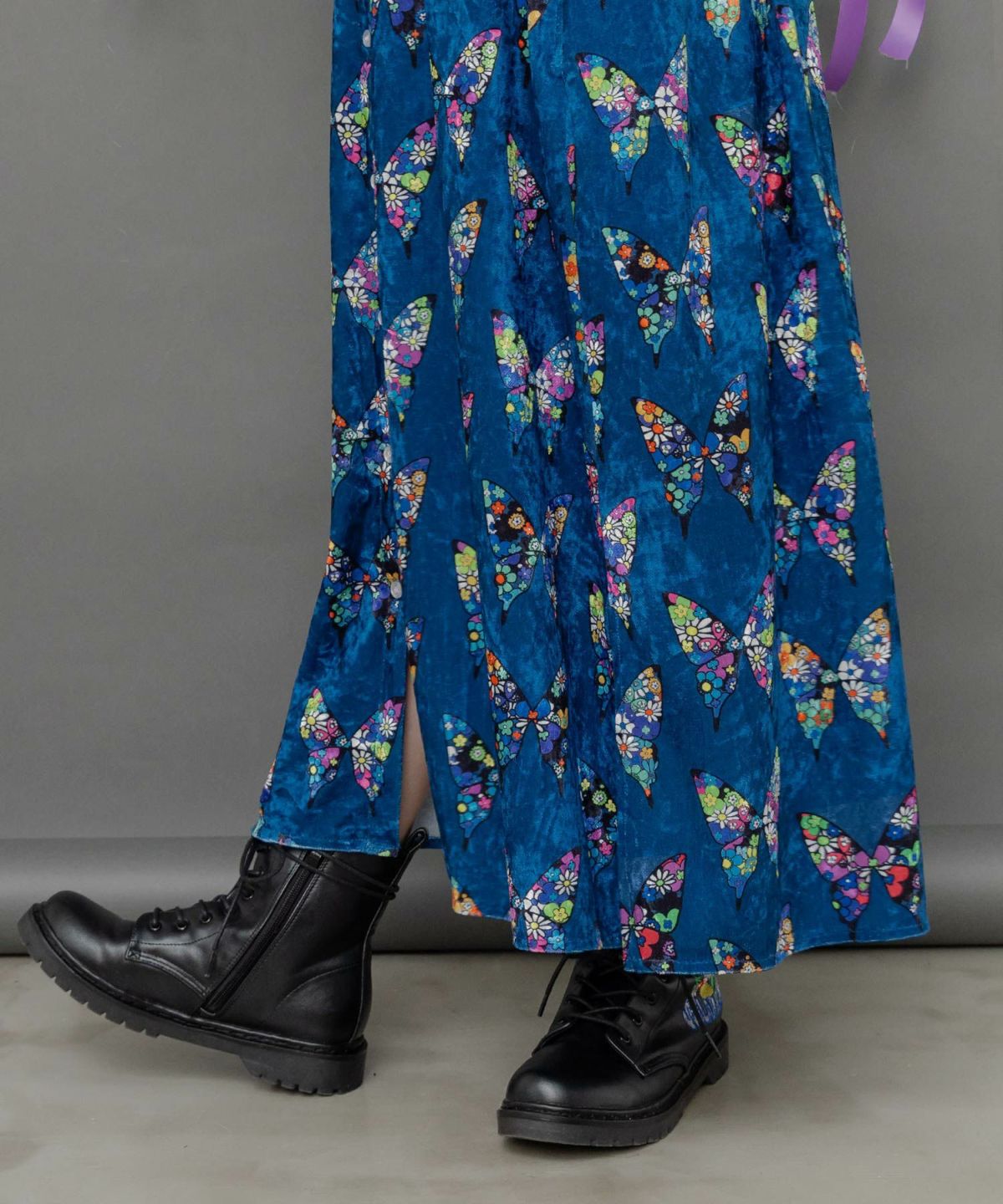 アニマル×蝶柄 前開きクラッシュベロアワンピース-7