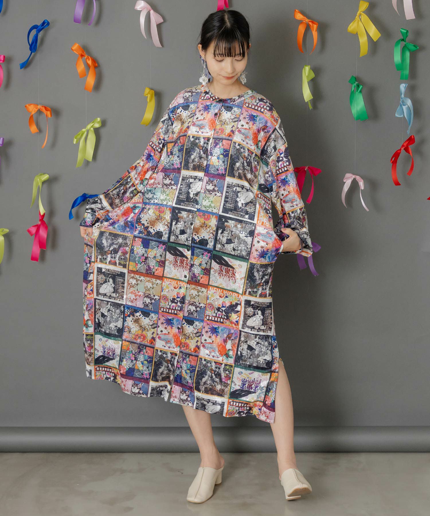 153759：アニマル×蝶柄 前開きクラッシュベロアワンピースの通販-ScoLar