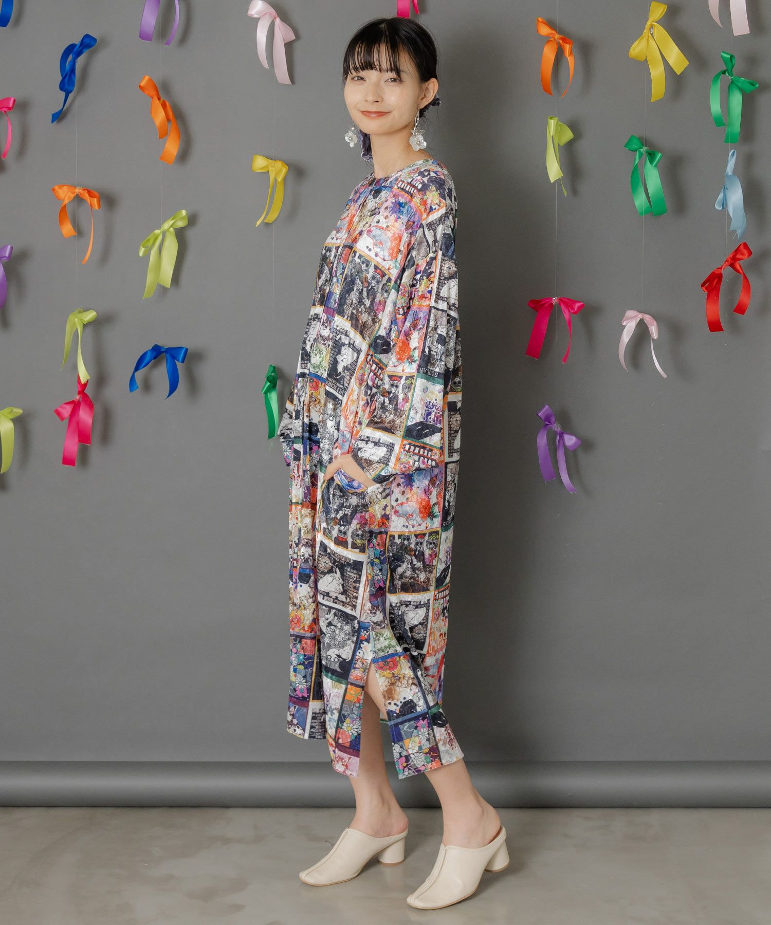 アニマル×蝶柄 前開きクラッシュベロアワンピース-9