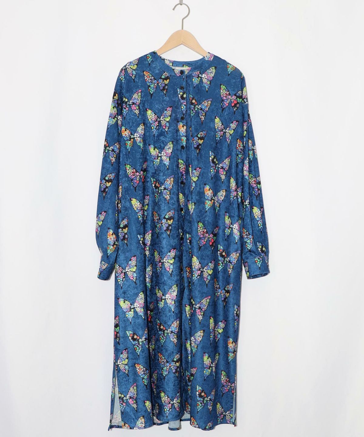 アニマル×蝶柄 前開きクラッシュベロアワンピース-14