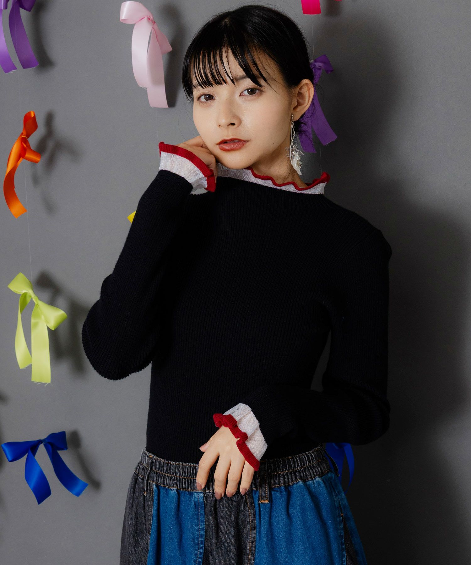 153756：シアー×ニット 切替トップスの通販-ScoLar