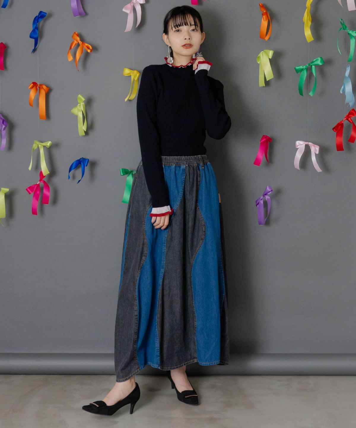 シアー×ニット 切替トップス-3