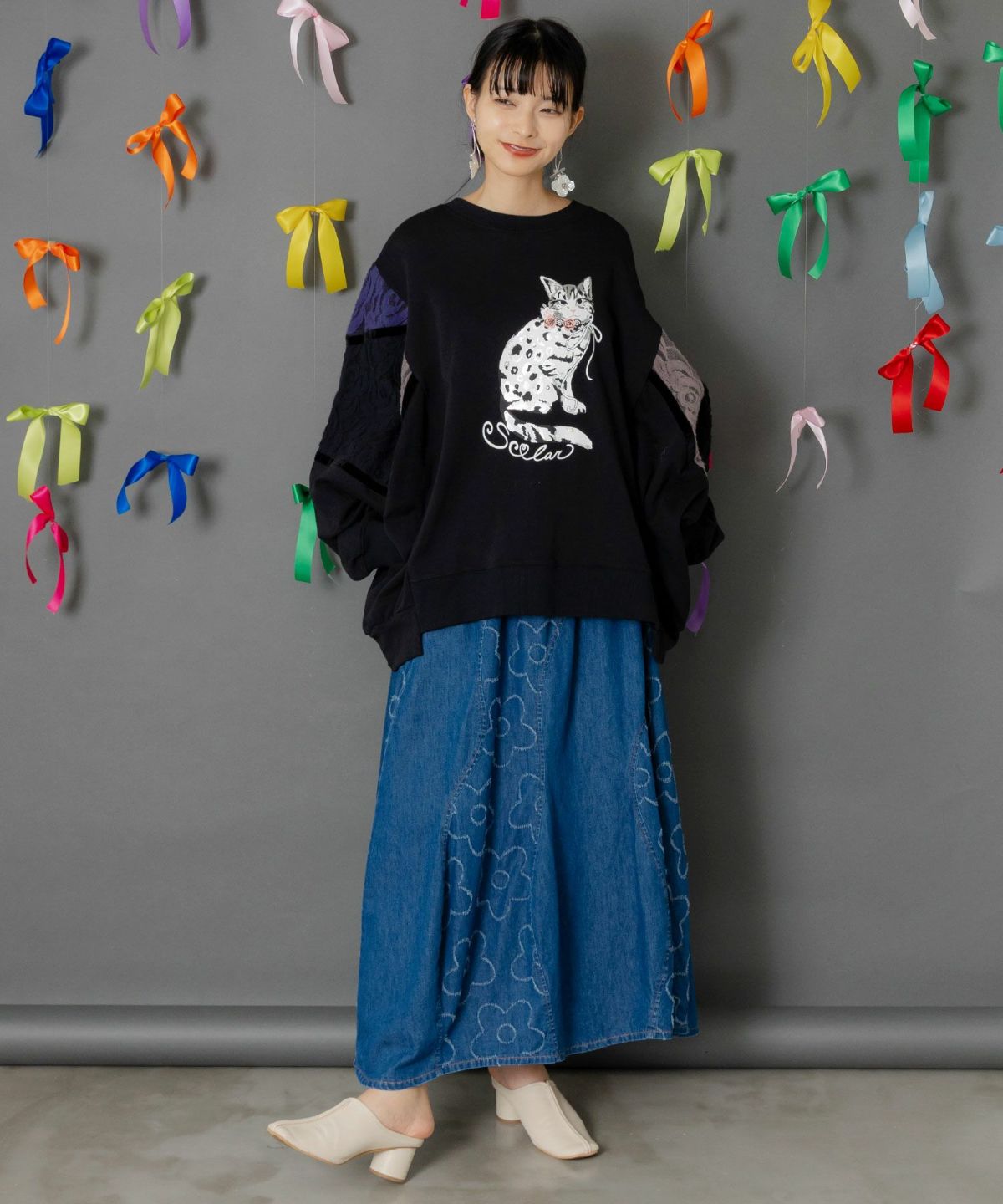 花柄ジャガードデニム×波模様デニムスカート-2