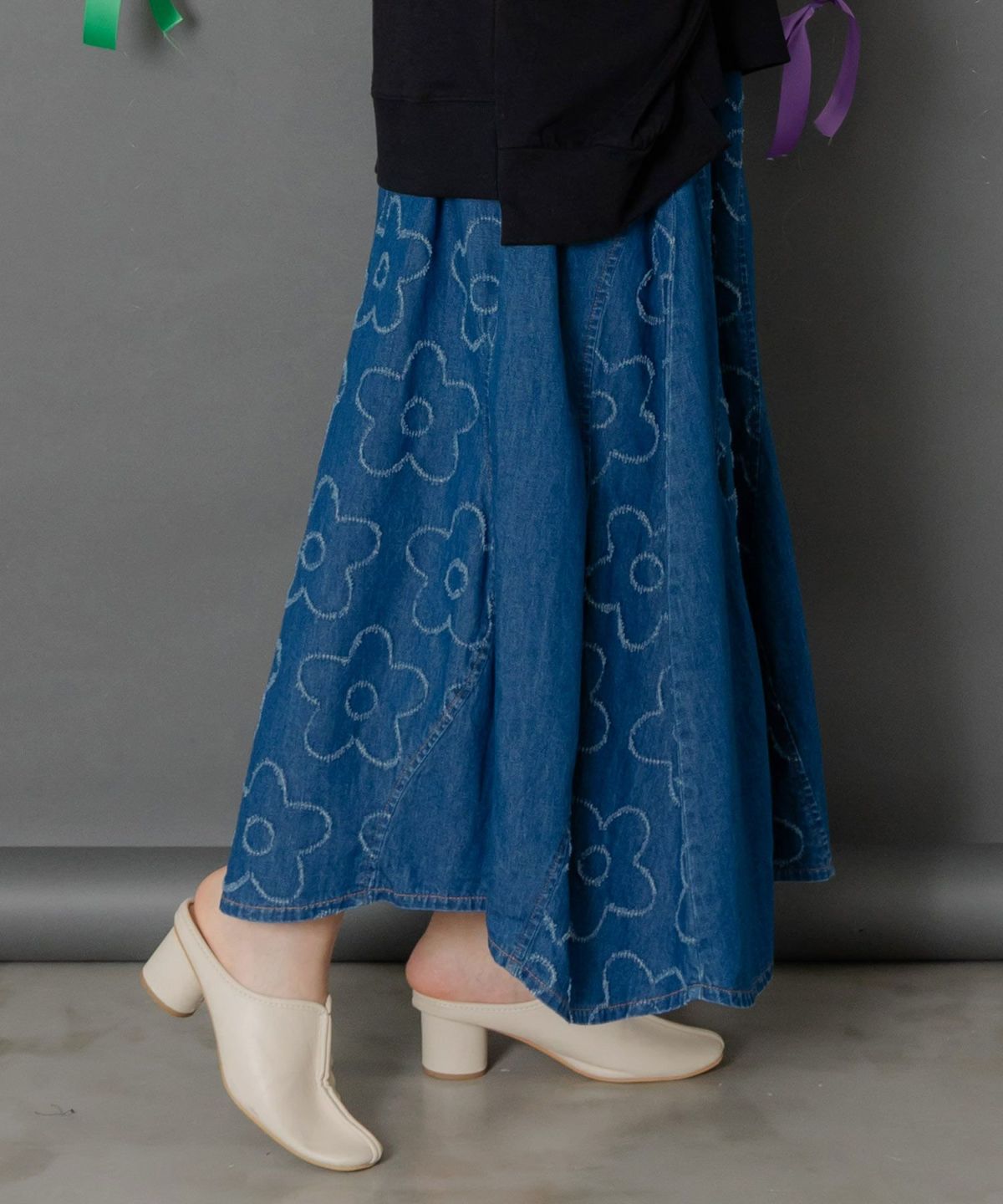 花柄ジャガードデニム×波模様デニムスカート-3