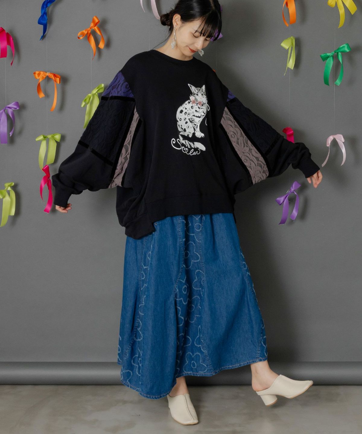 花柄ジャガードデニム×波模様デニムスカート-5