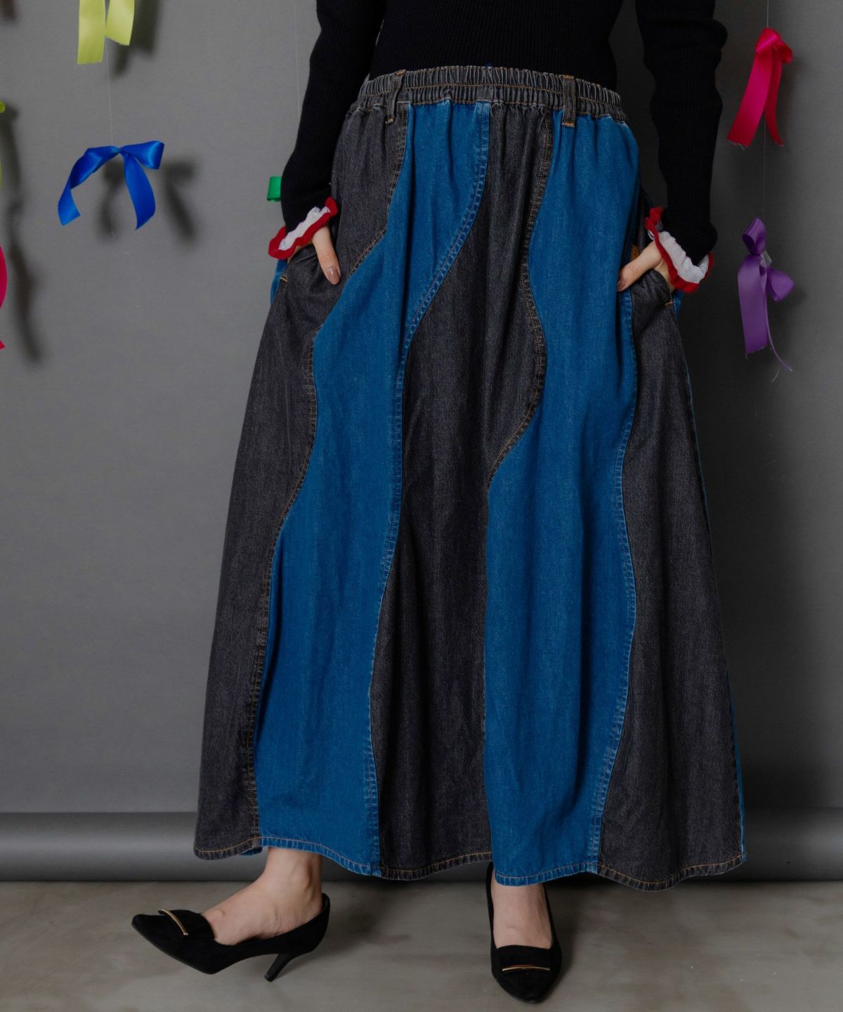 花柄ジャガードデニム×波模様デニムスカート-7