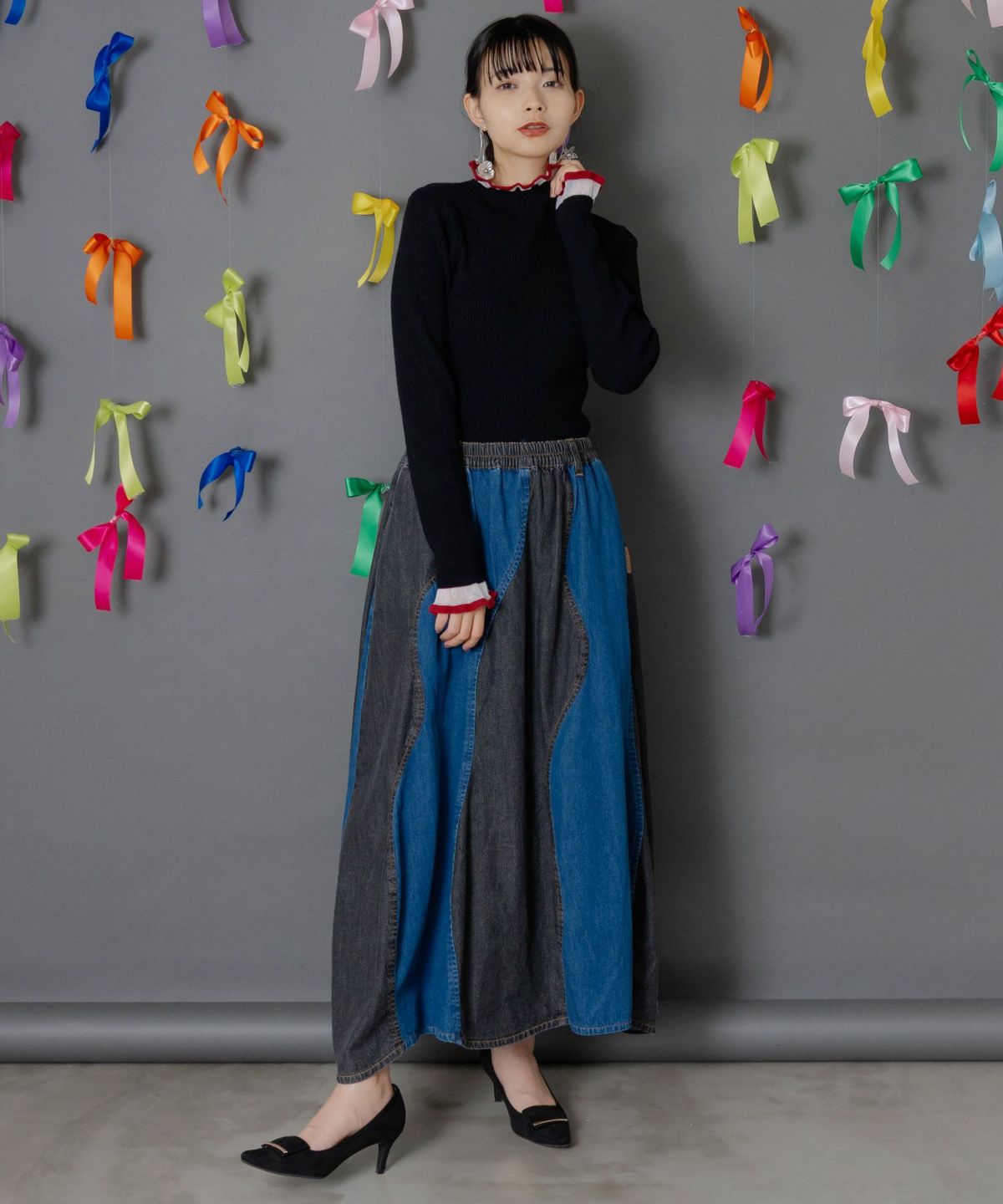 花柄ジャガードデニム×波模様デニムスカート-8