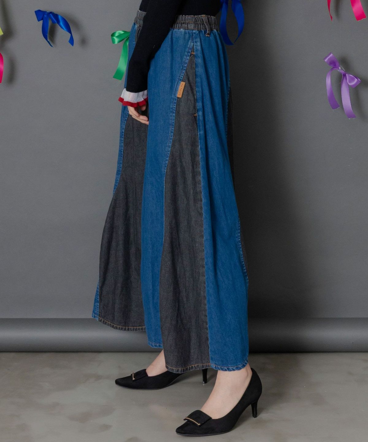 花柄ジャガードデニム×波模様デニムスカート-9