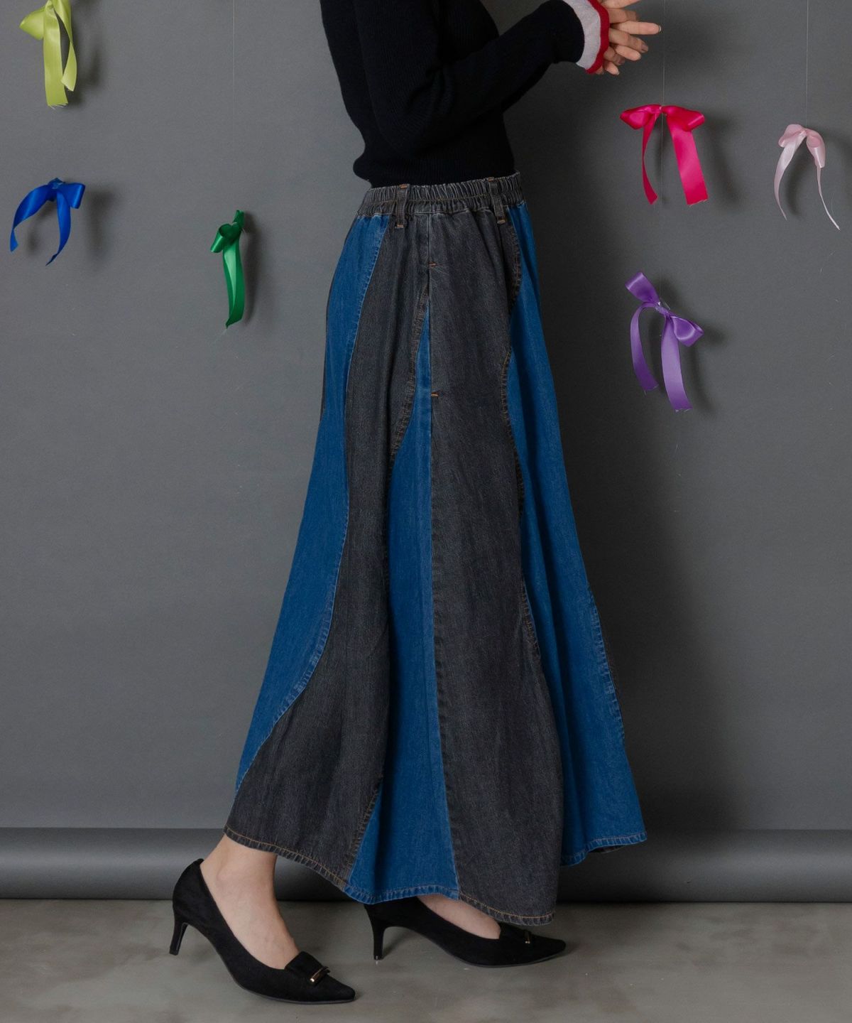 花柄ジャガードデニム×波模様デニムスカート-10