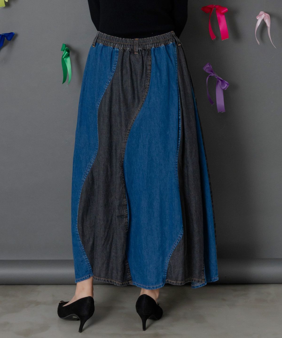 花柄ジャガードデニム×波模様デニムスカート-11