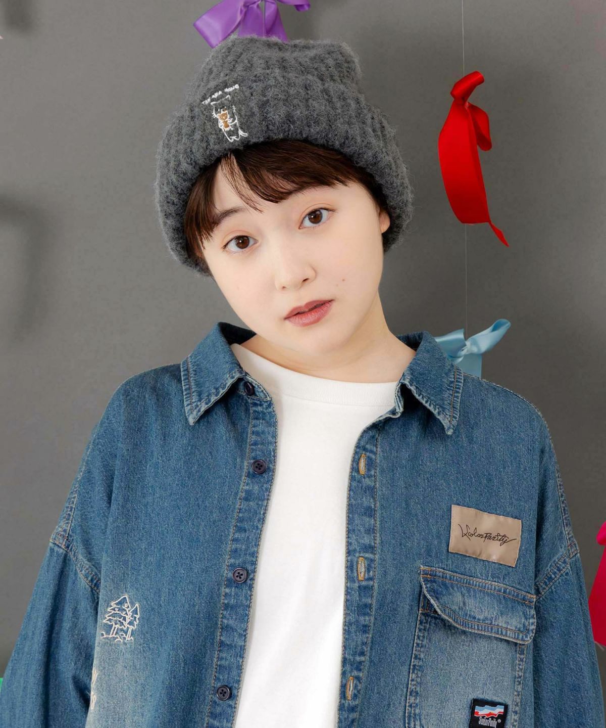 ネコのたからもの刺繍ニット帽-2