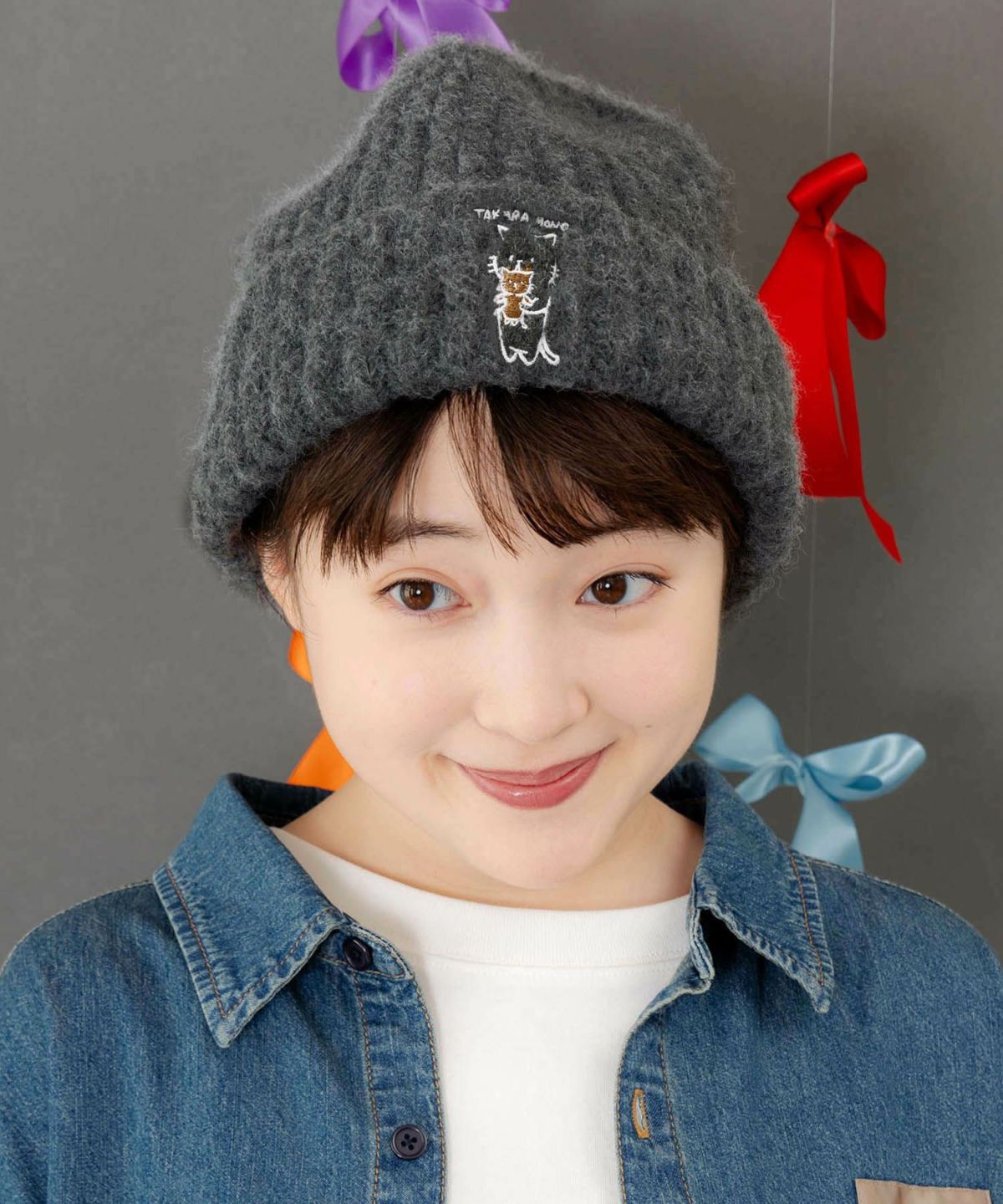 ネコのたからもの刺繍ニット帽-4