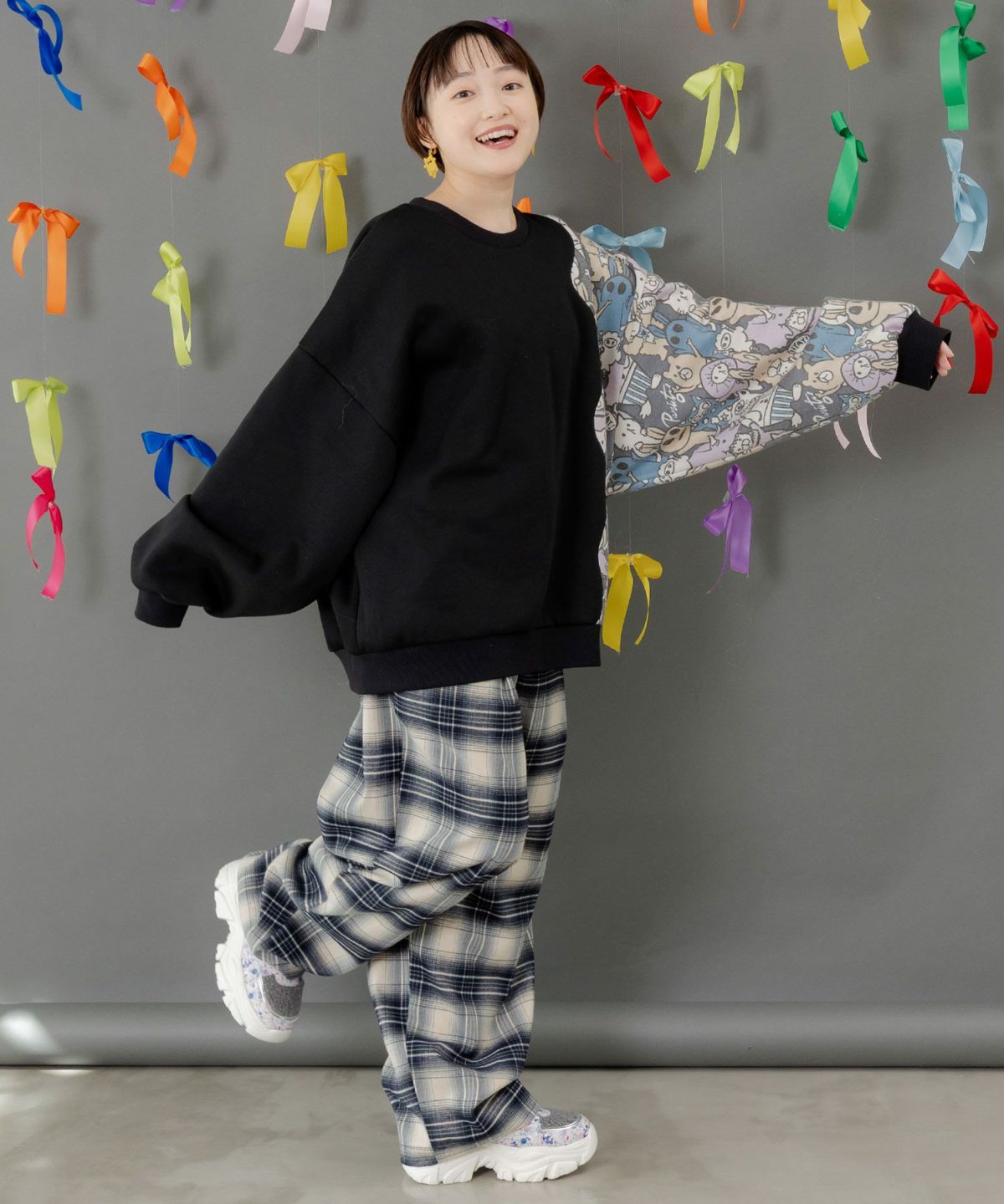 Parityキャラ総柄 裏起毛波模様切替プルオーバー-3