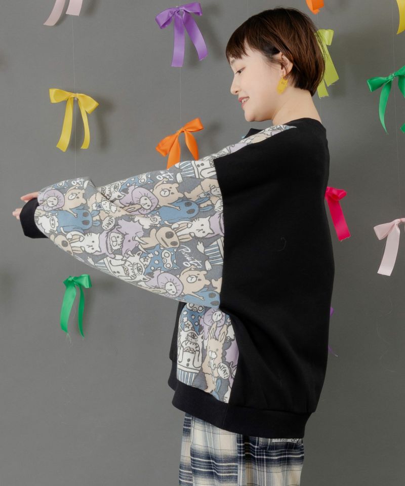 Parityキャラ総柄 裏起毛波模様切替プルオーバー-5