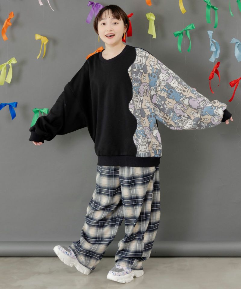 Parityキャラ総柄 裏起毛波模様切替プルオーバー-6