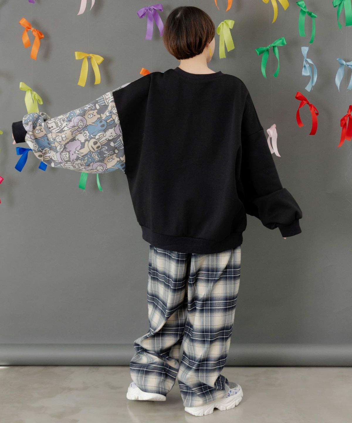 Parityキャラ総柄 裏起毛波模様切替プルオーバー-7