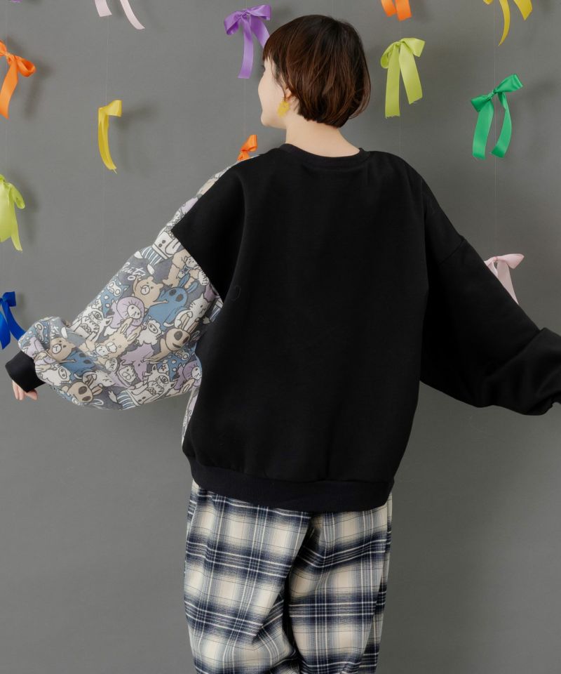 Parityキャラ総柄 裏起毛波模様切替プルオーバー-8