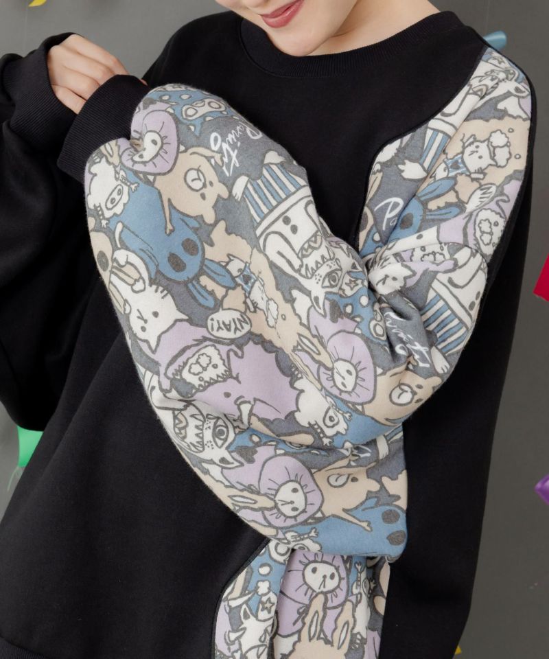 Parityキャラ総柄 裏起毛波模様切替プルオーバー-9