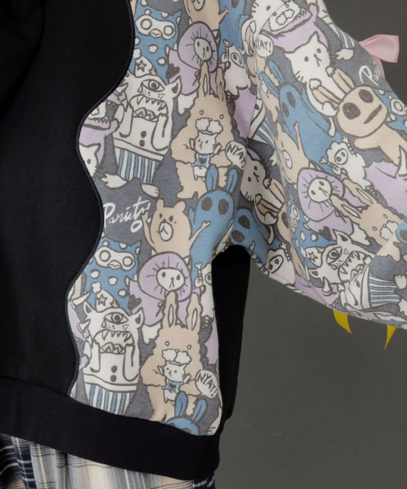 Parityキャラ総柄 裏起毛波模様切替プルオーバー-10