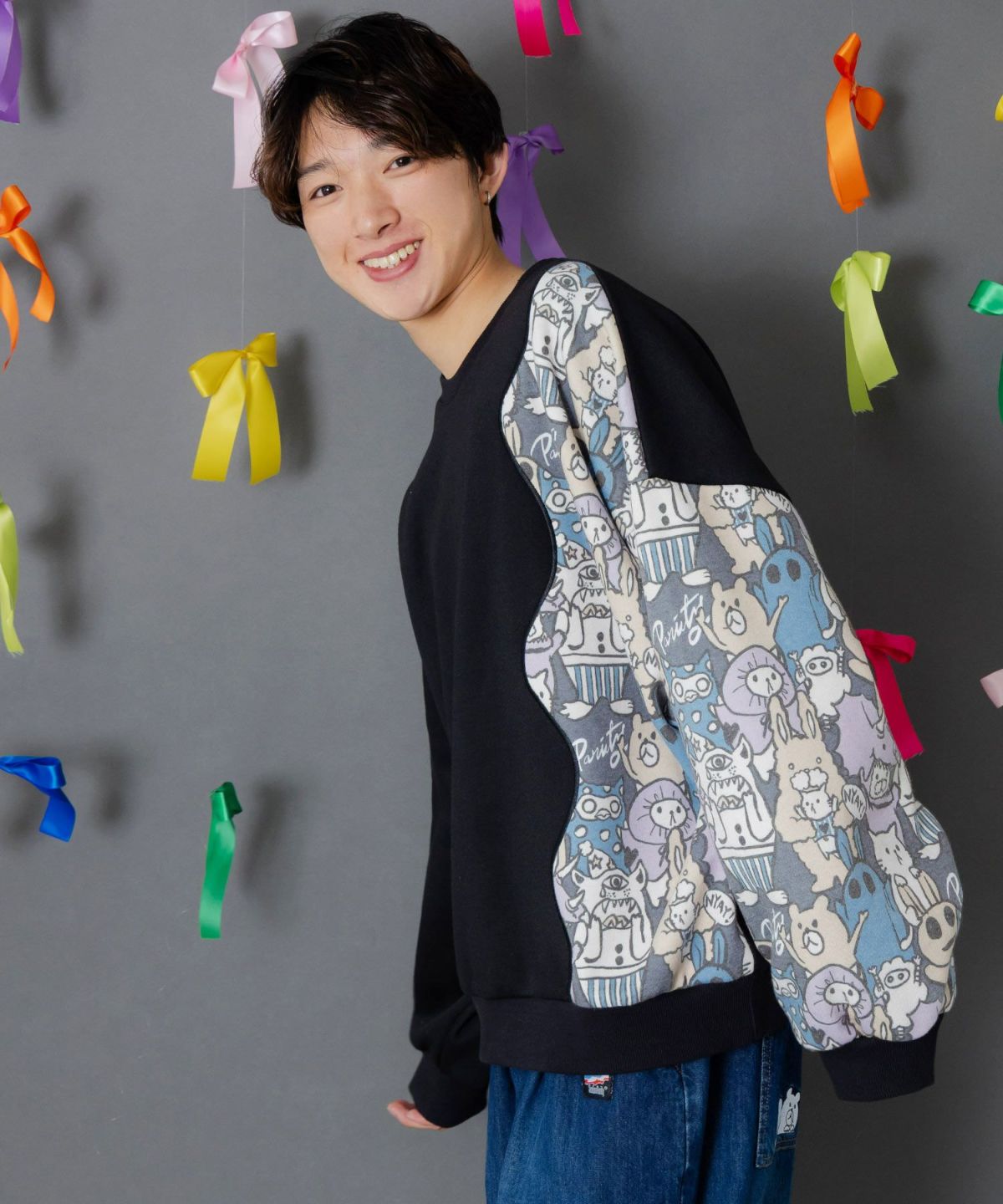 Parityキャラ総柄 裏起毛波模様切替プルオーバー-11