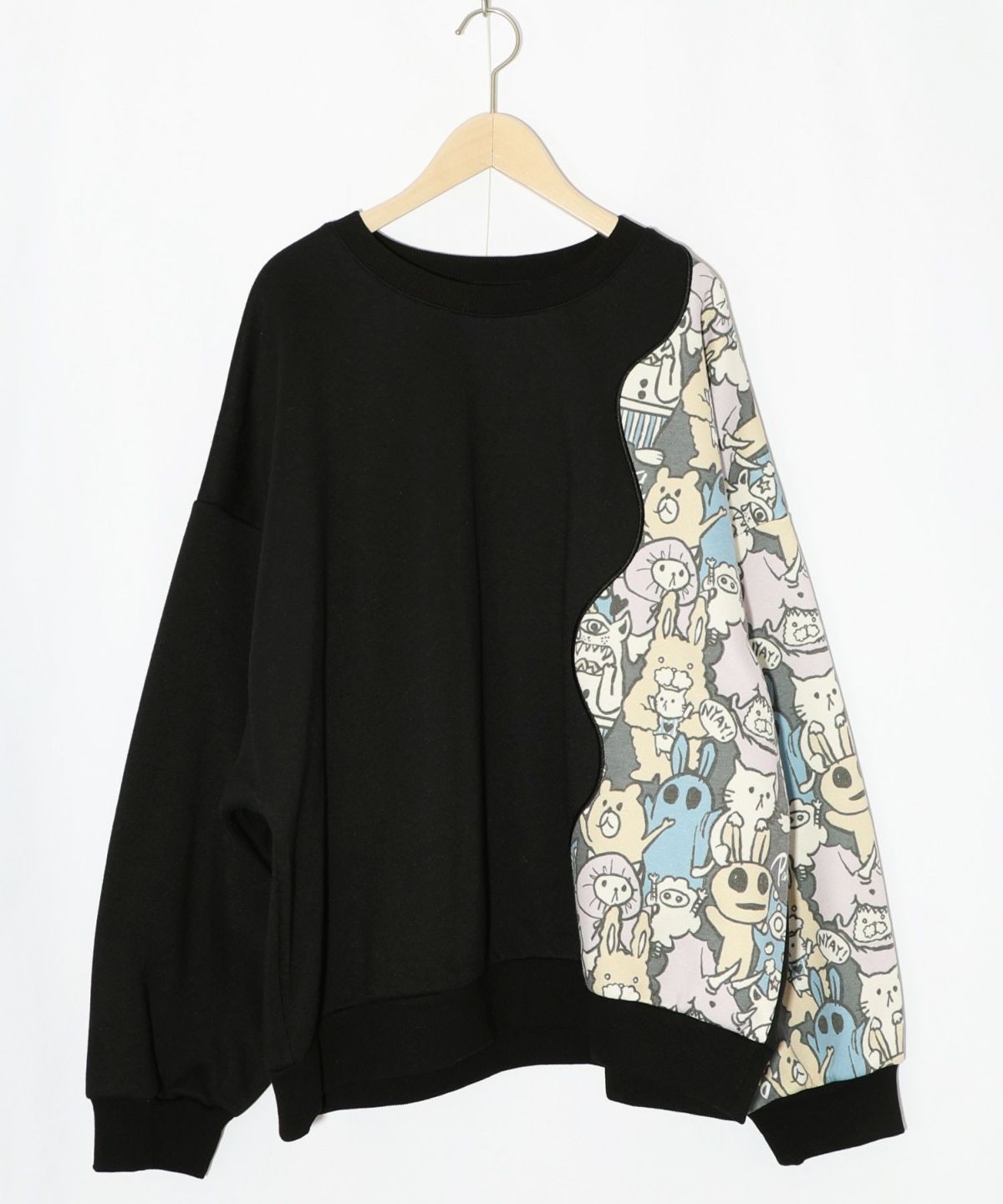 Parityキャラ総柄 裏起毛波模様切替プルオーバー-16