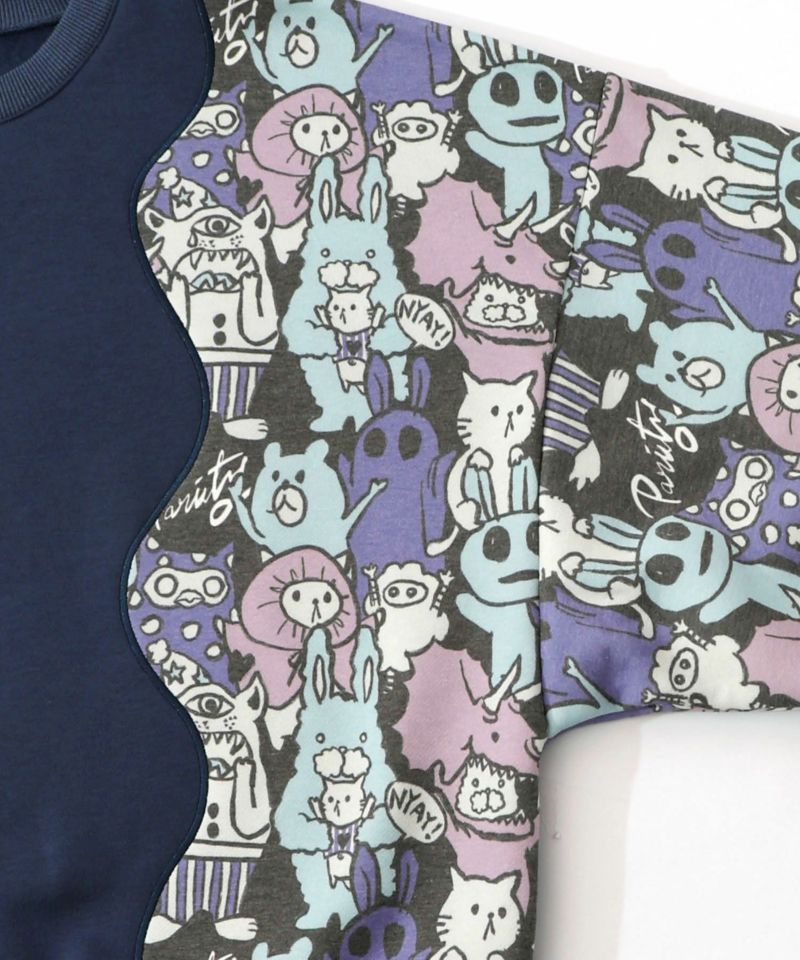 Parityキャラ総柄 裏起毛波模様切替プルオーバー-22