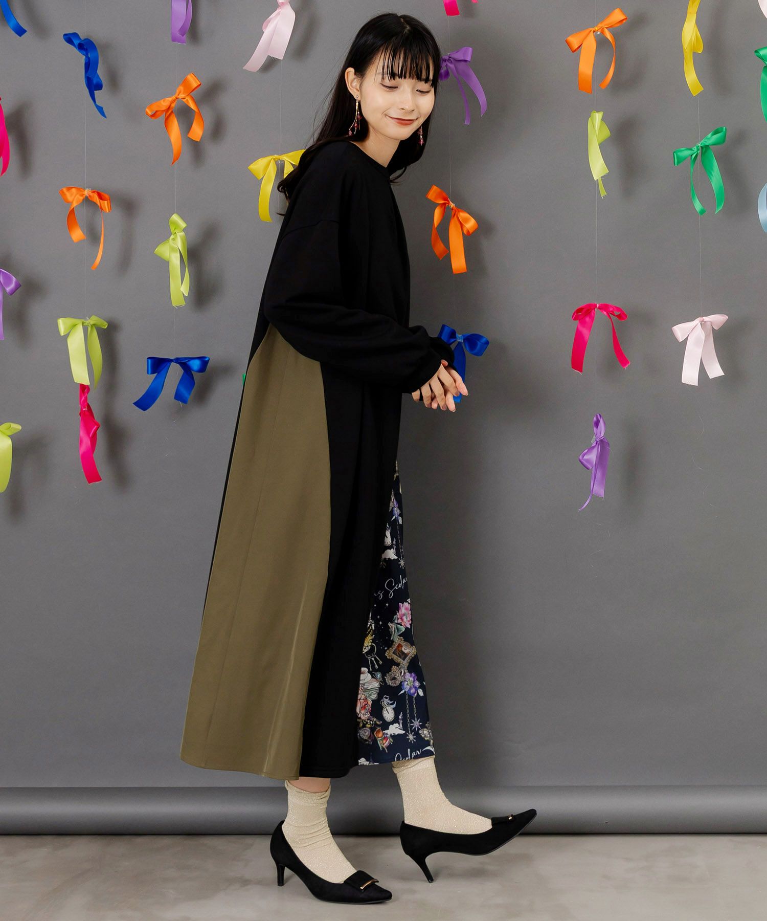 アンティーク柄 バイカラー切替ワンピース-4