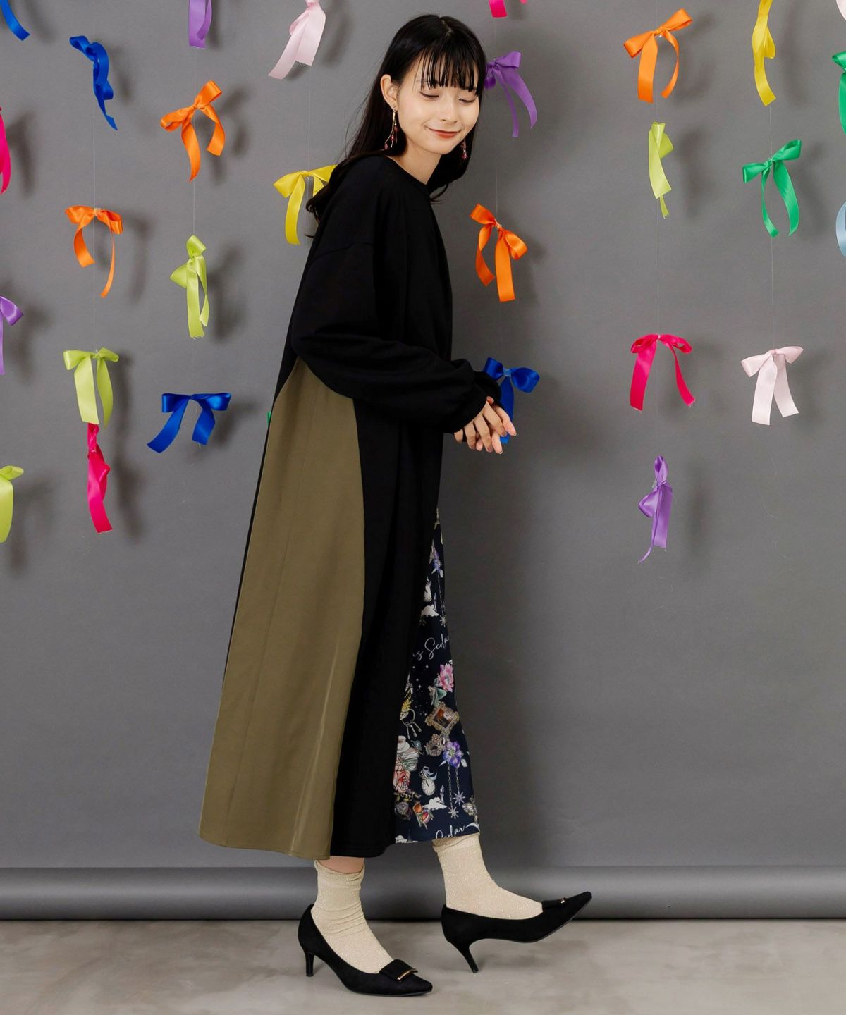 アンティーク柄 バイカラー切替ワンピース-4