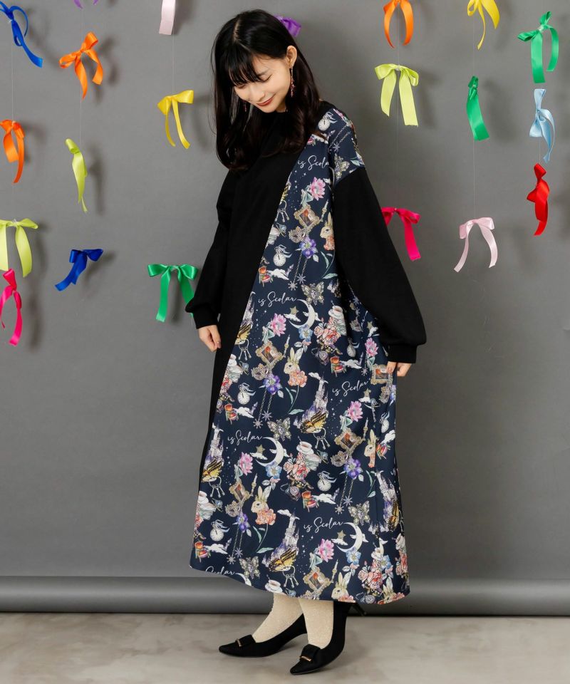 553289：アンティーク柄 バイカラー切替ワンピースの通販-ScoLar