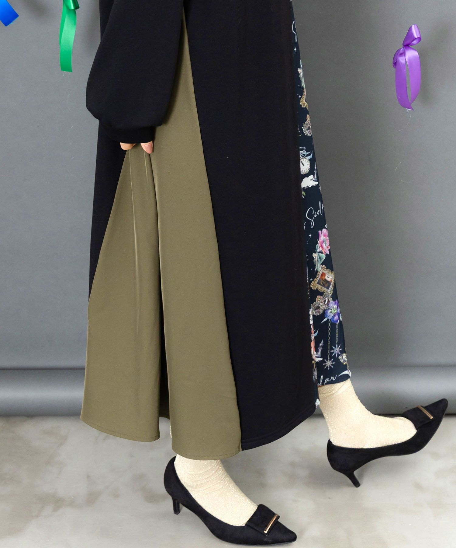 アンティーク柄 バイカラー切替ワンピース-7