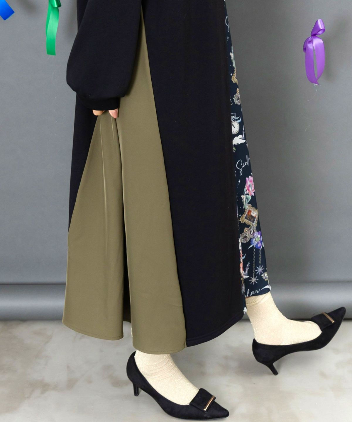 アンティーク柄 バイカラー切替ワンピース-7