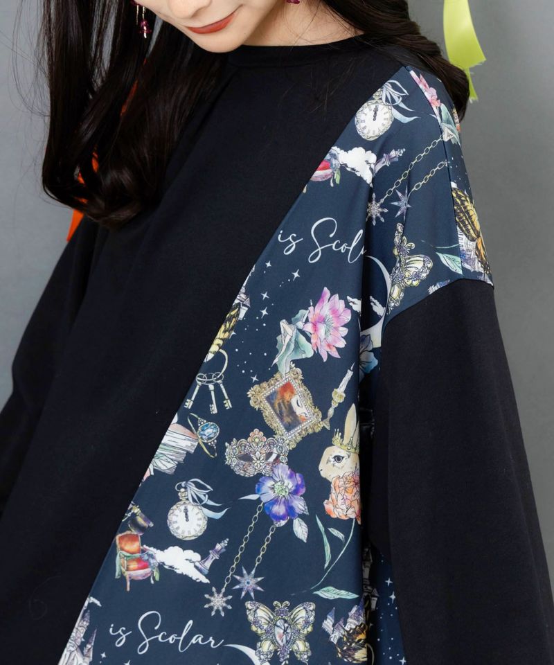 アンティーク柄 バイカラー切替ワンピース-8