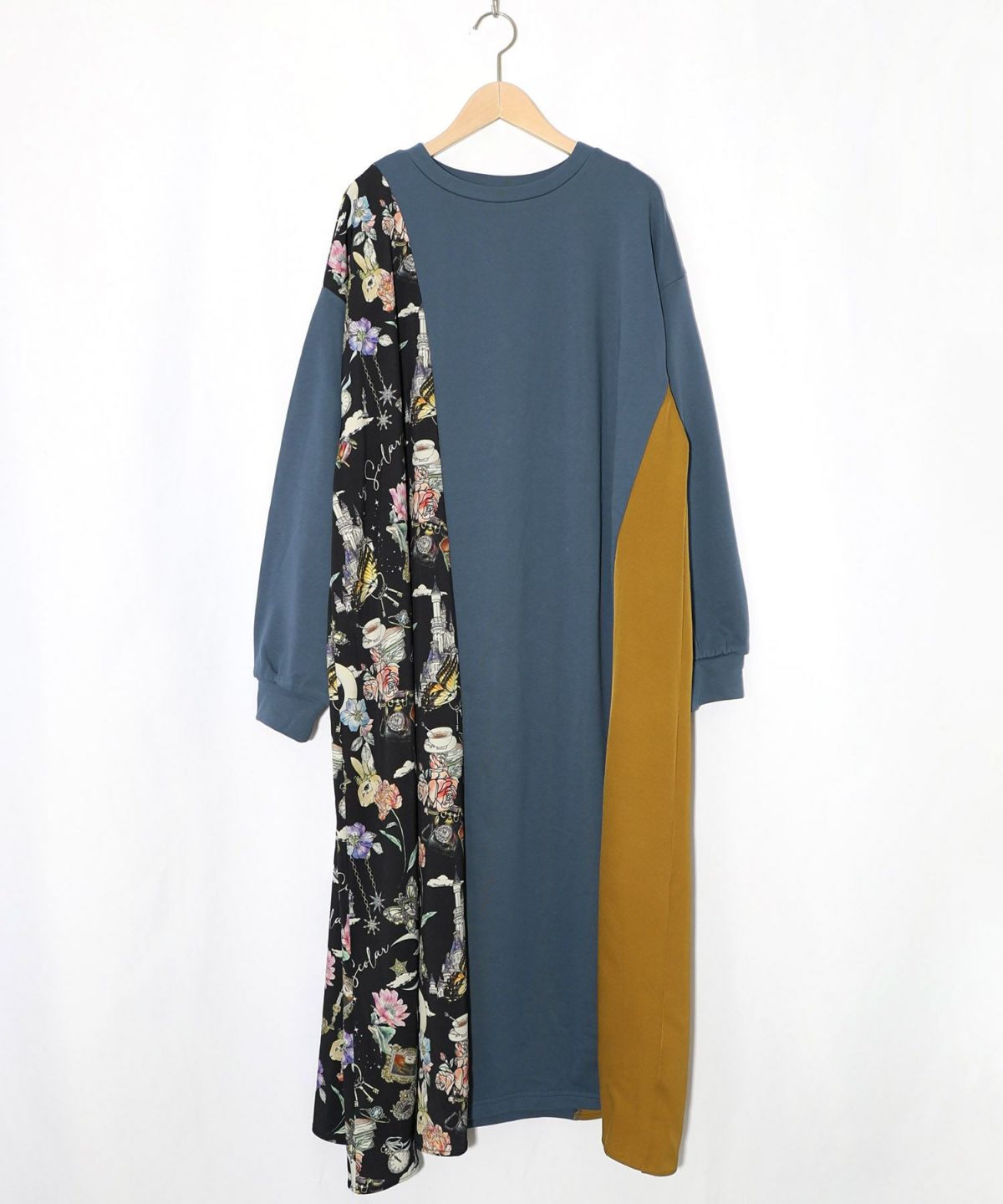 アンティーク柄 バイカラー切替ワンピース-11