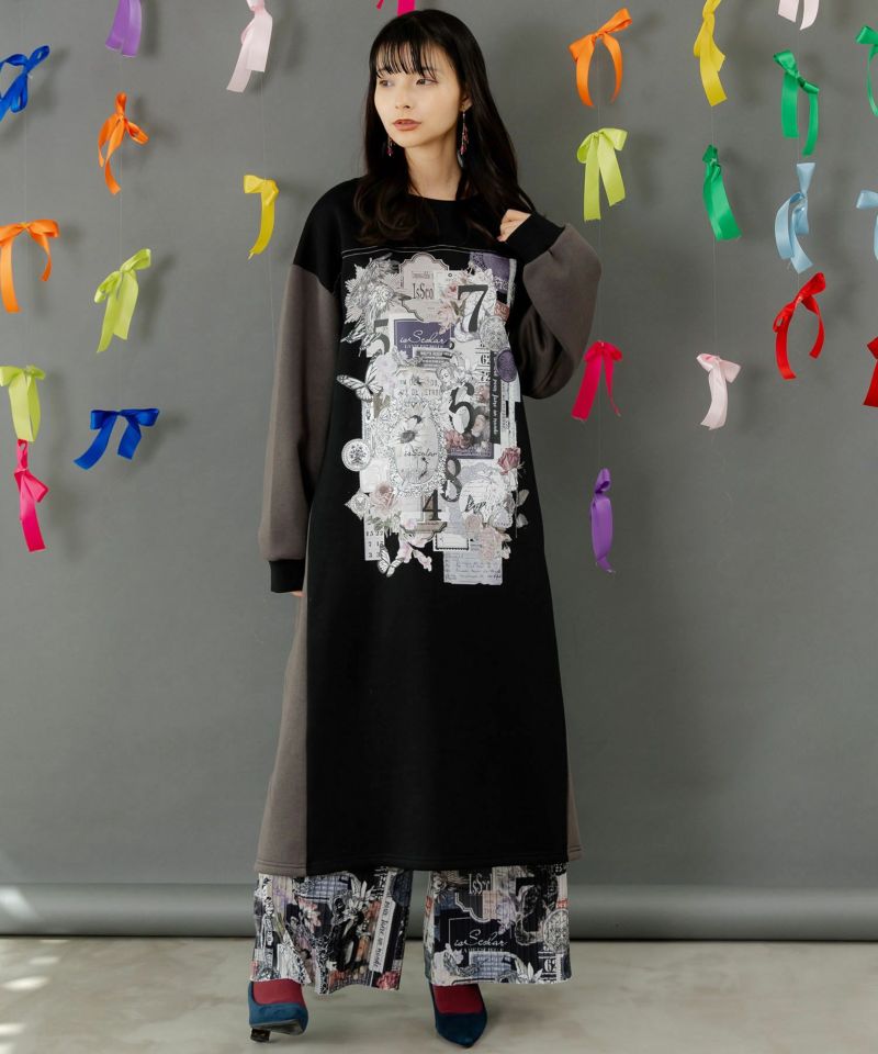 コラージュ柄裏起毛ワンピース-1