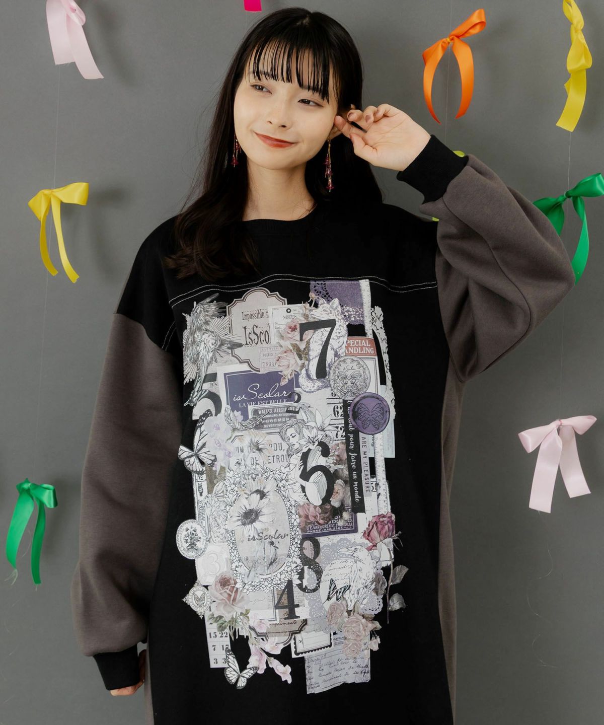 コラージュ柄裏起毛ワンピース-2