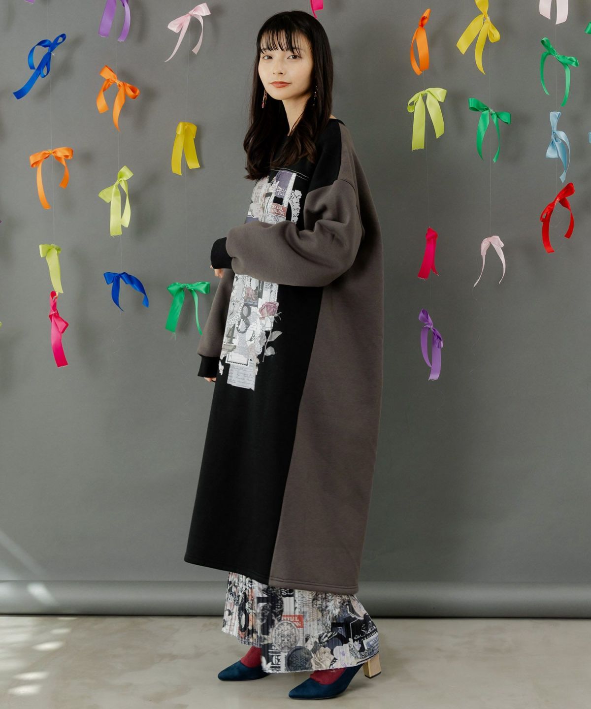 コラージュ柄裏起毛ワンピース-6