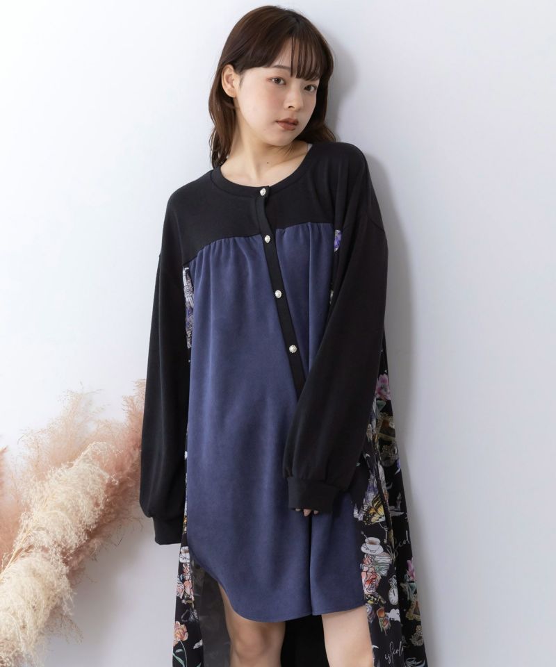 アンティーク柄 3素材切替ロングカーディガン-2