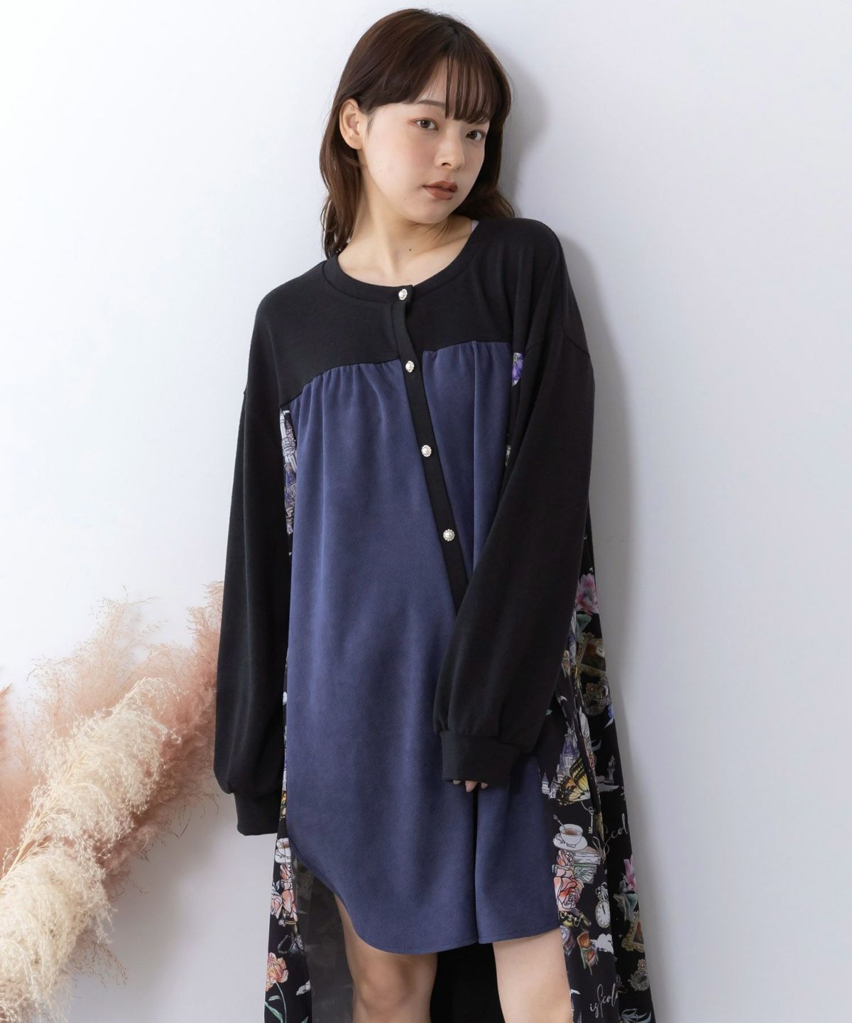 アンティーク柄 3素材切替ロングカーディガン-2