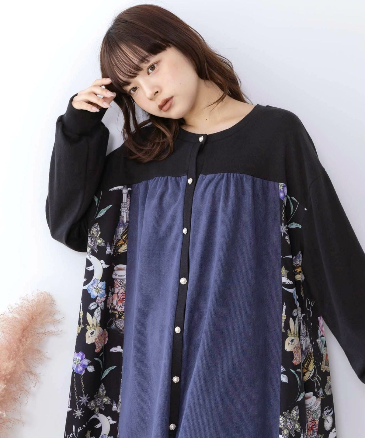 アンティーク柄 3素材切替ロングカーディガン-7