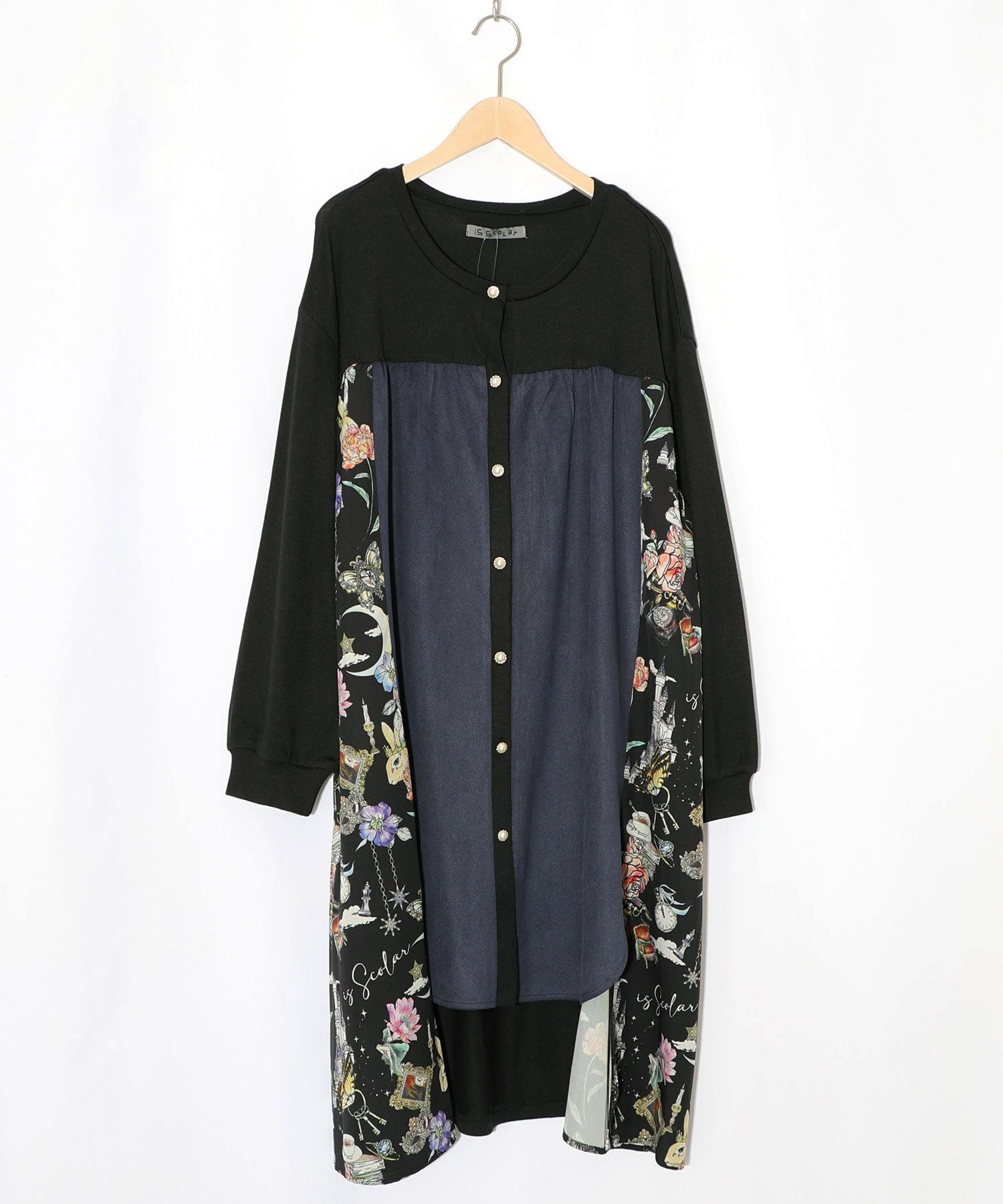 アンティーク柄 3素材切替ロングカーディガン-13