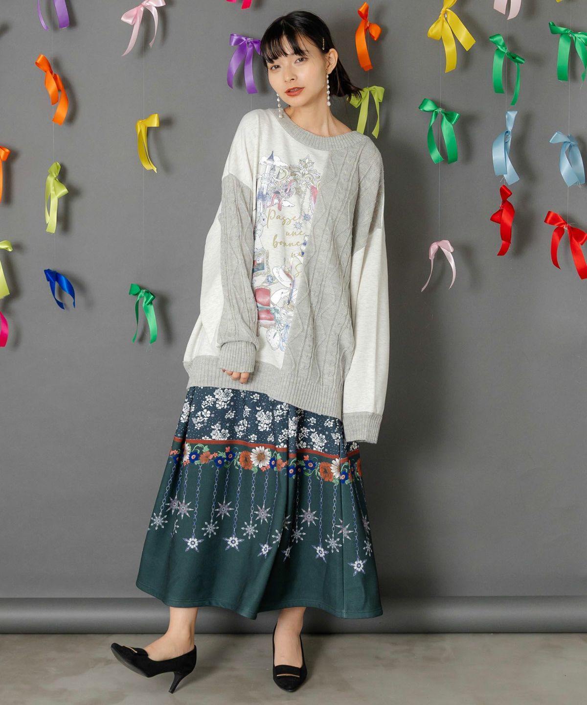 冬のオーナメント×花柄 裏起毛スカート-2