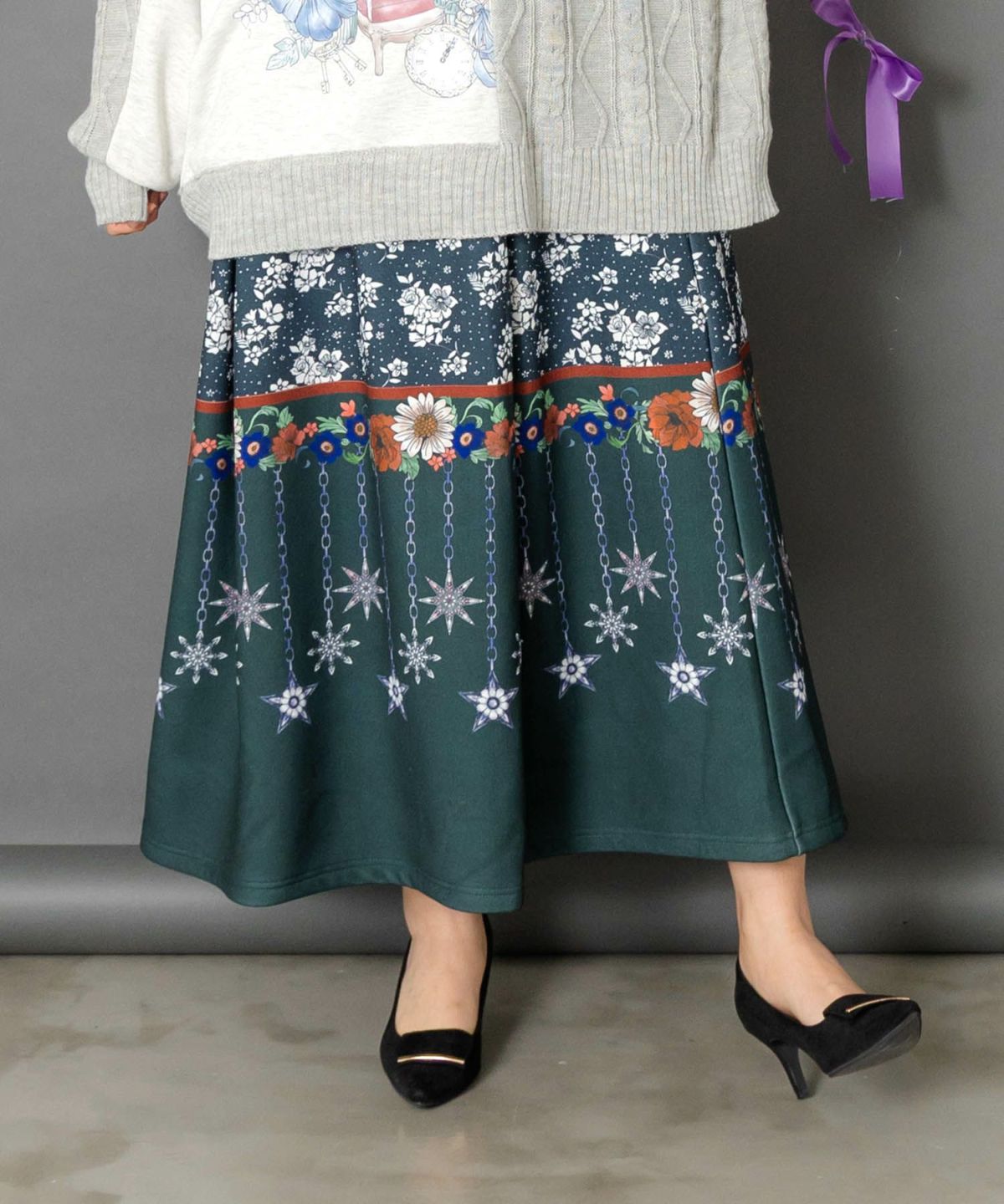 冬のオーナメント×花柄 裏起毛スカート-3