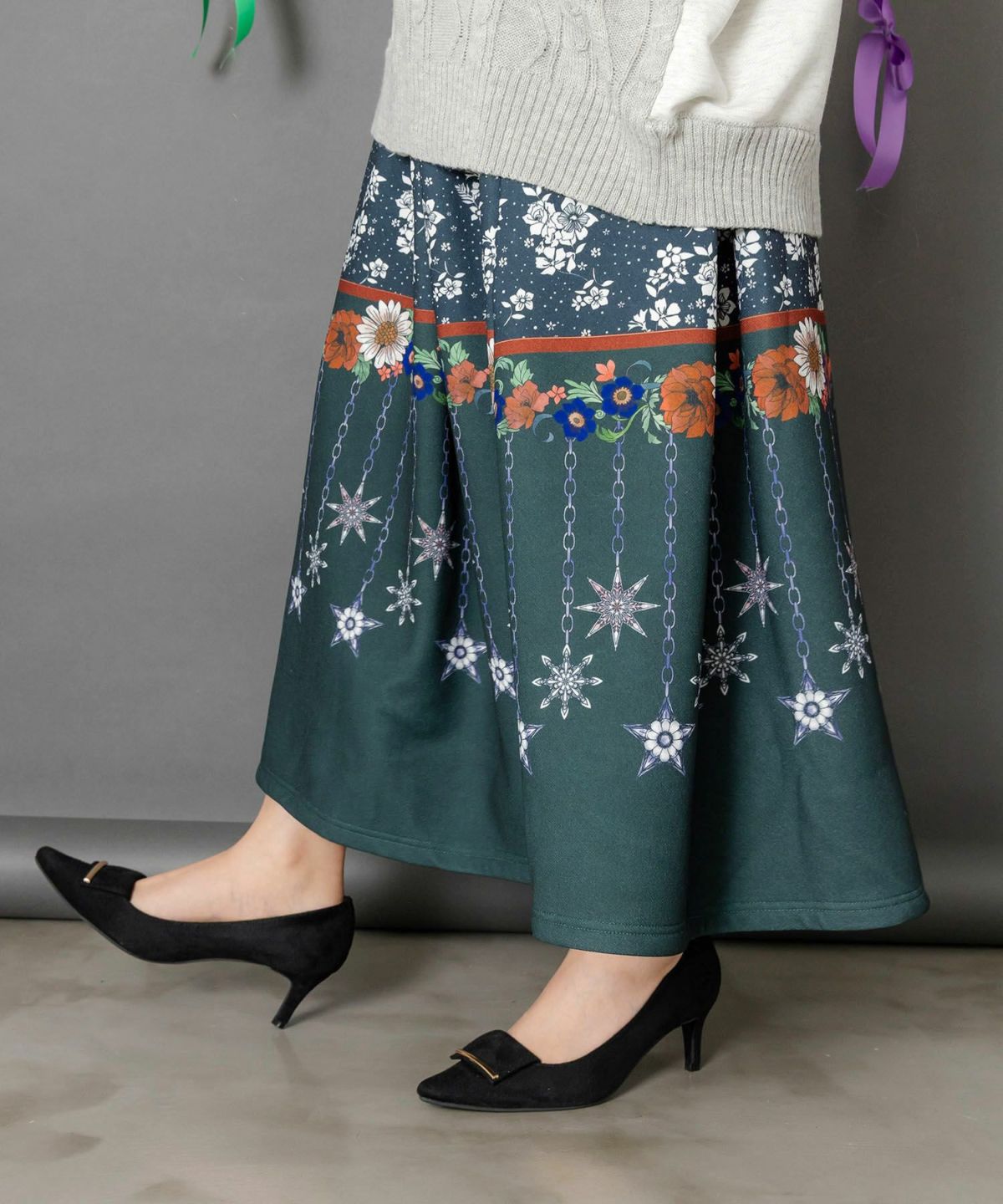 冬のオーナメント×花柄 裏起毛スカート-4