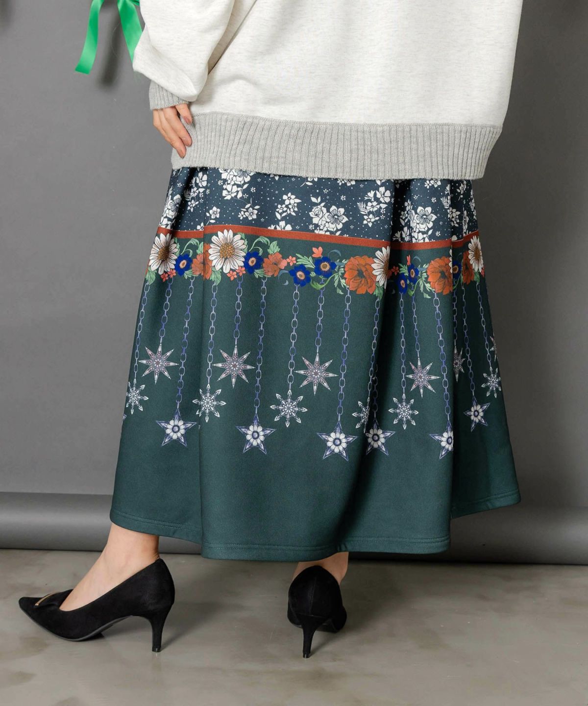 冬のオーナメント×花柄 裏起毛スカート-5