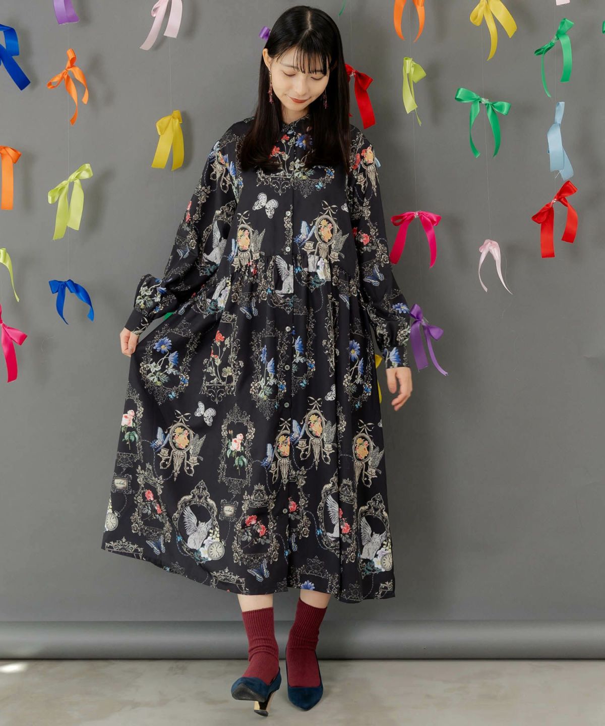 ヴィンテージ風額縁柄シャツワンピース-3