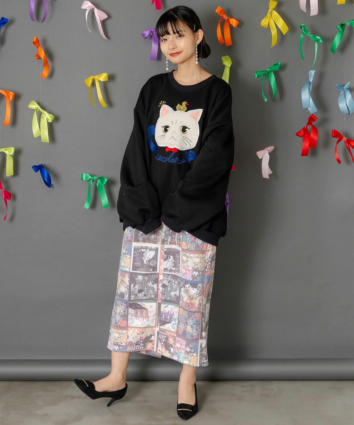 ネコのボアアップリケ×刺繍 裏起毛プルオーバー-2