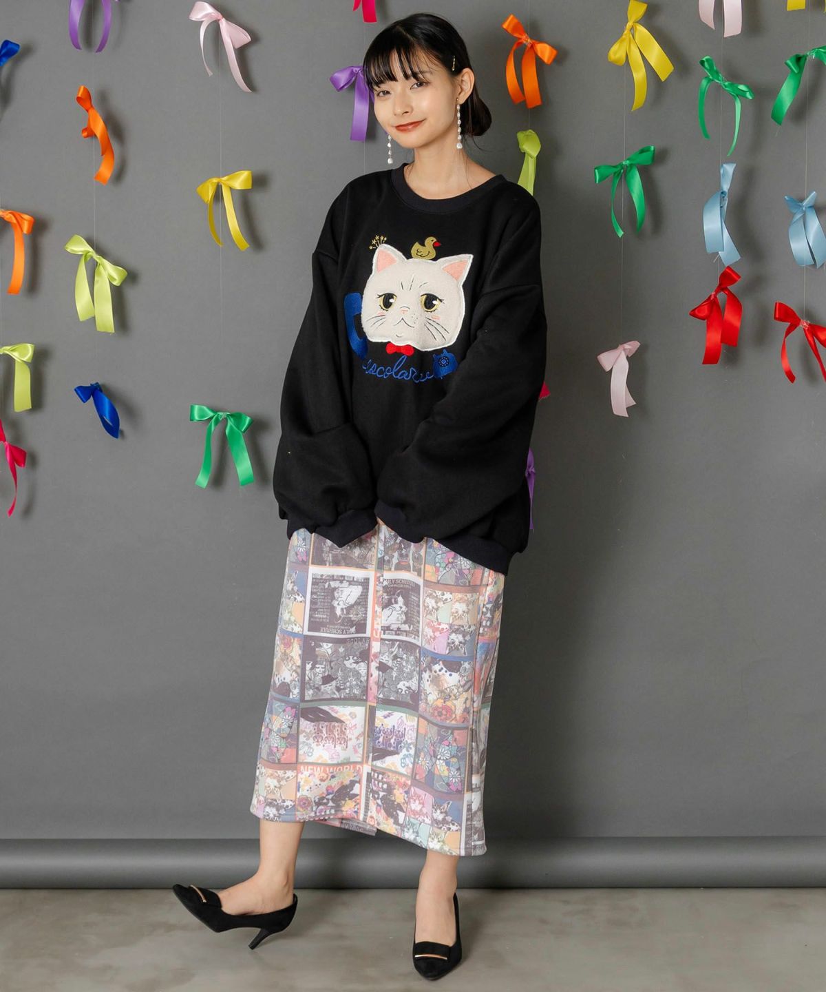 ネコのボアアップリケ×刺繍 裏起毛プルオーバー-2