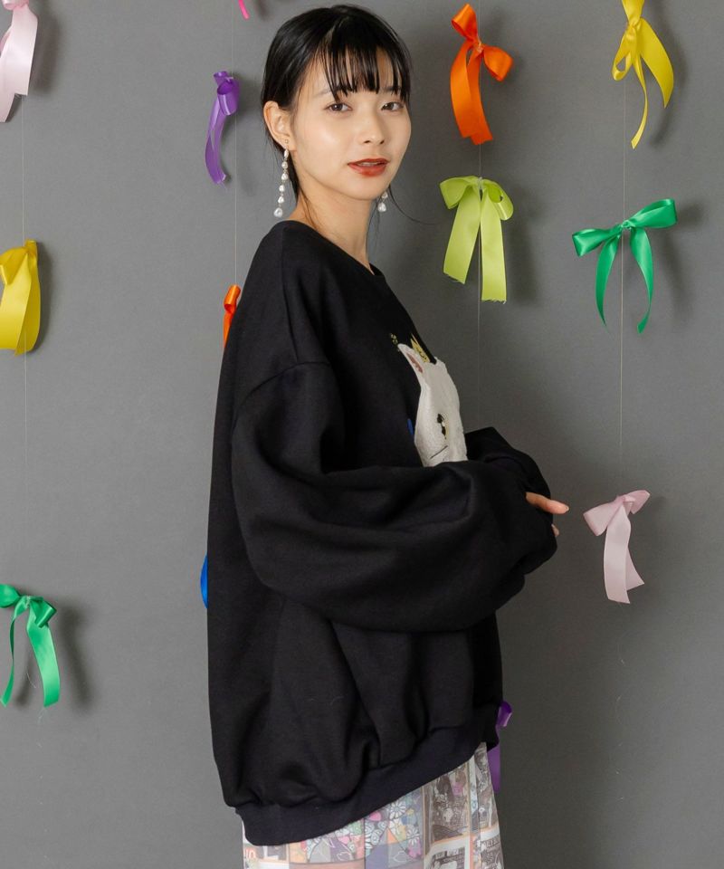 ネコのボアアップリケ×刺繍 裏起毛プルオーバー-4