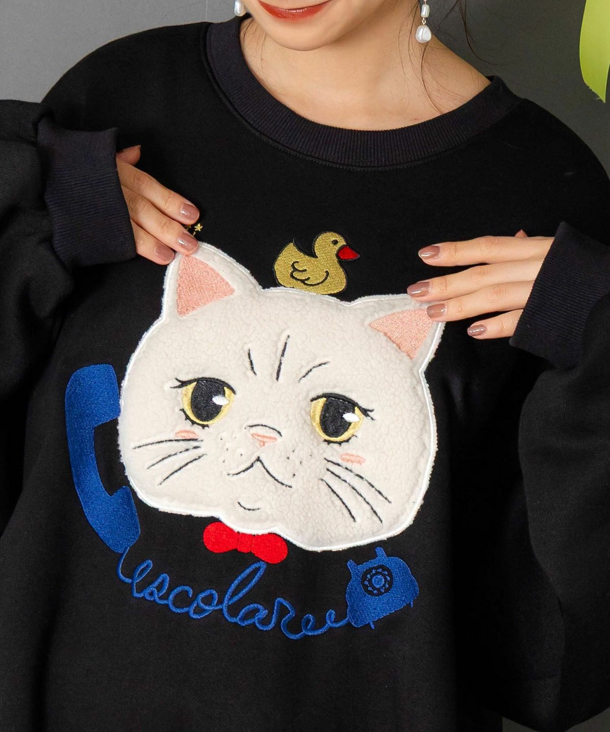 ネコのボアアップリケ×刺繍 裏起毛プルオーバー-7