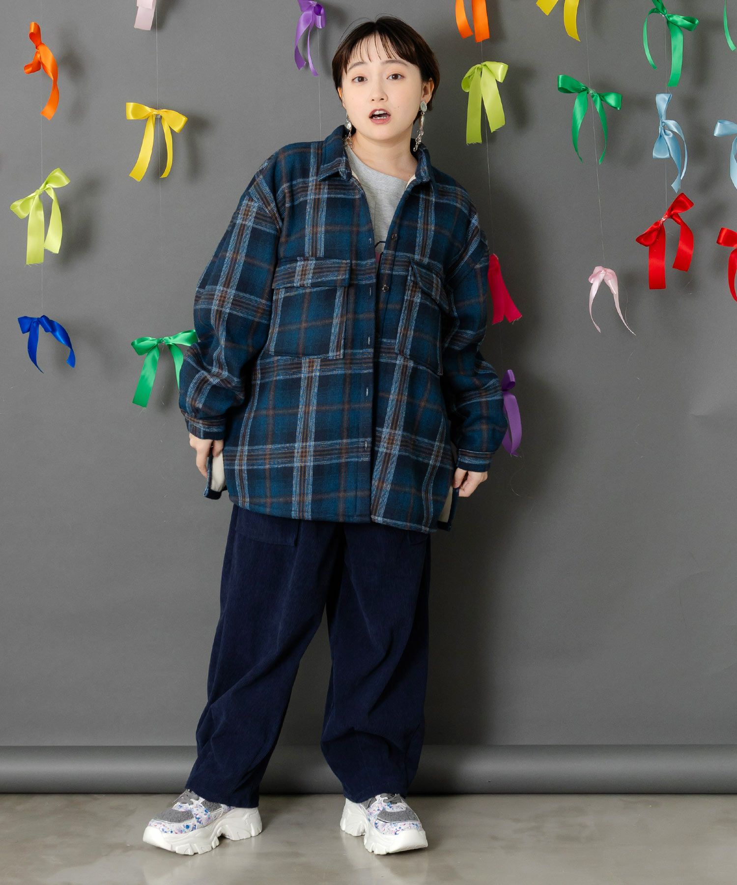 153758：わんコレ柄ネルチェック×ボアシャツアウターの通販-ScoLar